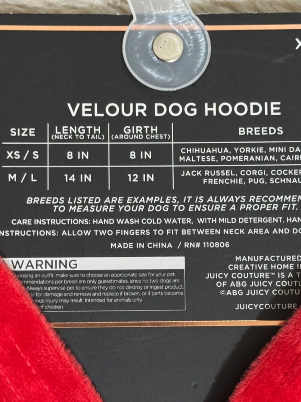 Juicy Couture XS Velour Dog Hoodie
